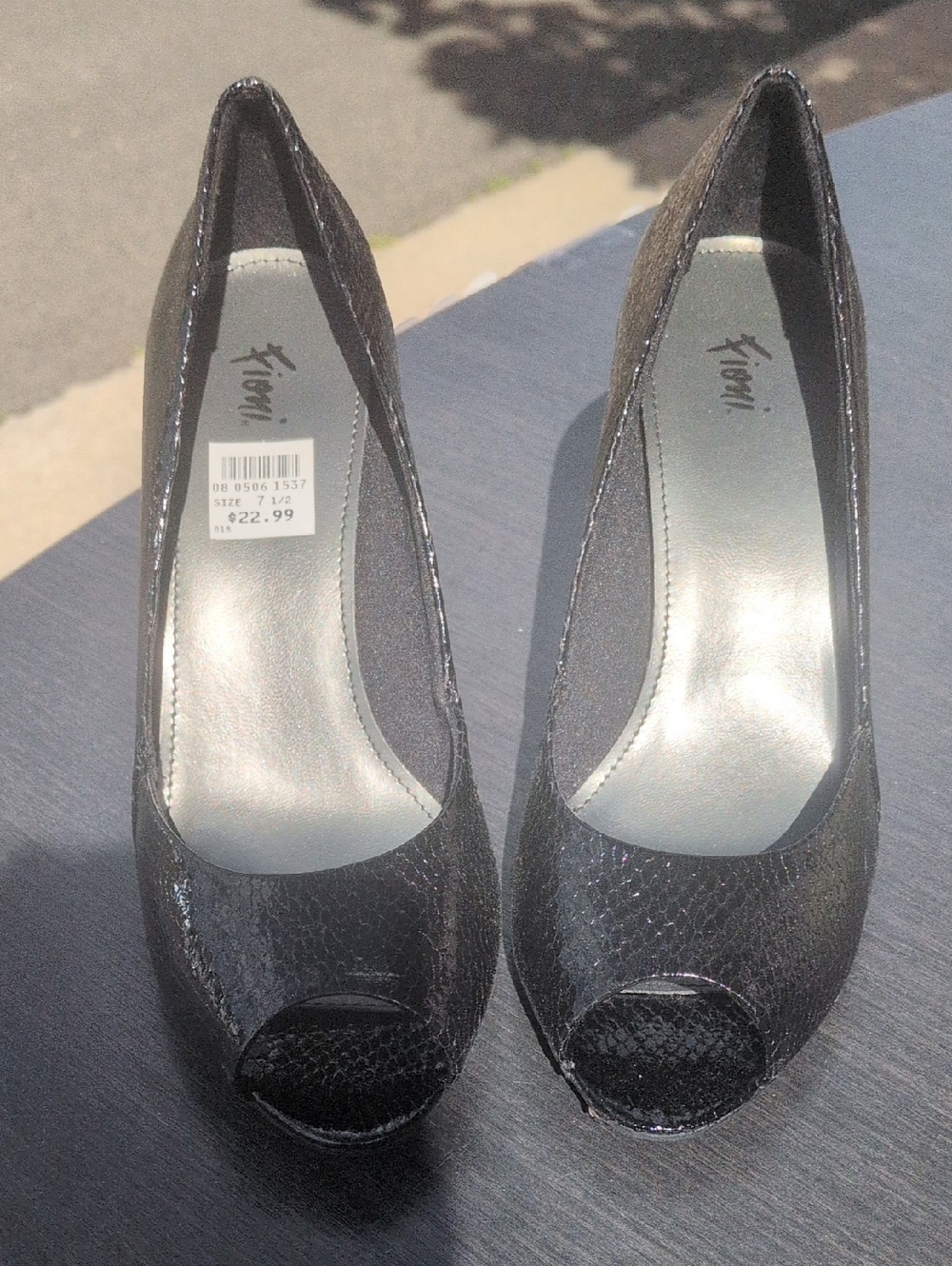 FIONI Clothing Black Peep-Toe Textured High Heels